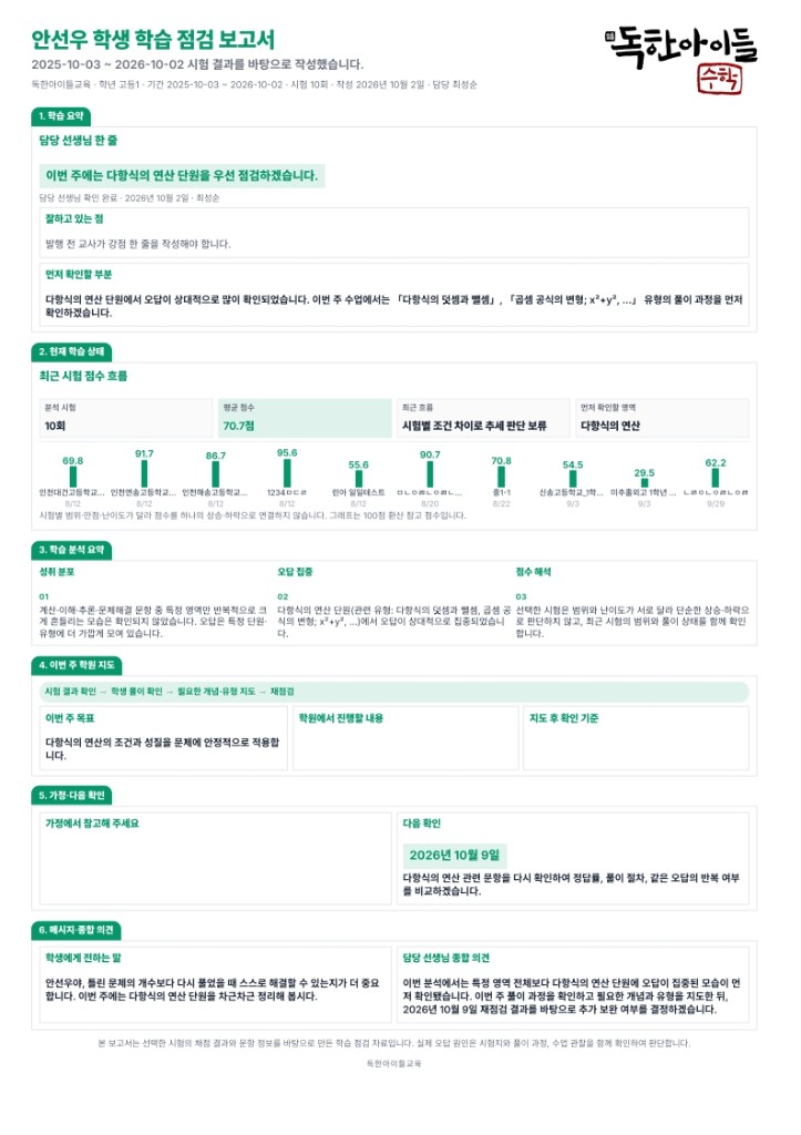 독한아이들 수학 주간 학습 점검 보고서 샘플